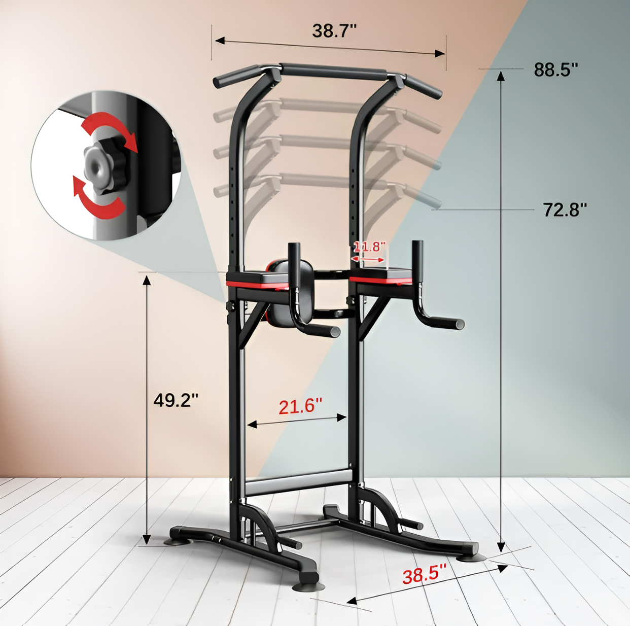 Power Tower Dip Station - Adjustable Height Pull Up Bar