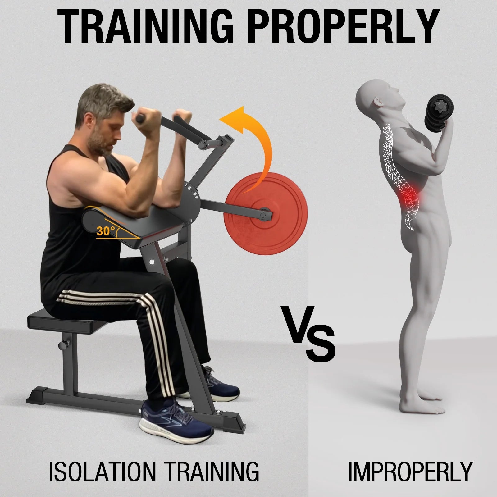 Preacher Curl Bench, Adjustable Seat, 2 in 1 Plate-Loaded Bicep Tricep Curl Machine for Home Gym