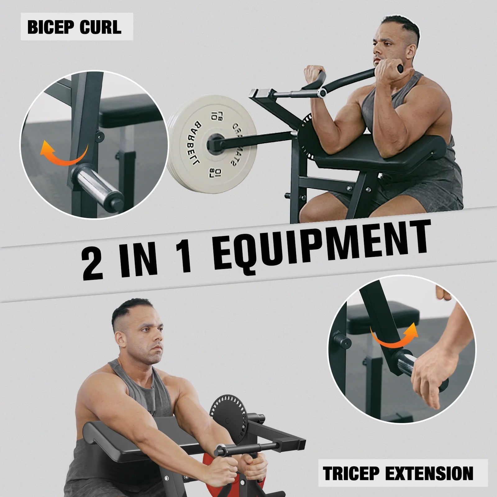 Preacher Curl Bench, Adjustable Seat, 2 in 1 Plate-Loaded Bicep Tricep Curl Machine for Home Gym