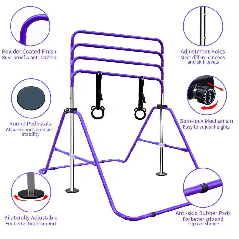 Purple Multi-Functional Adjustable Height Children'S Horizontal Gymnastic Bar with Bear Rings
