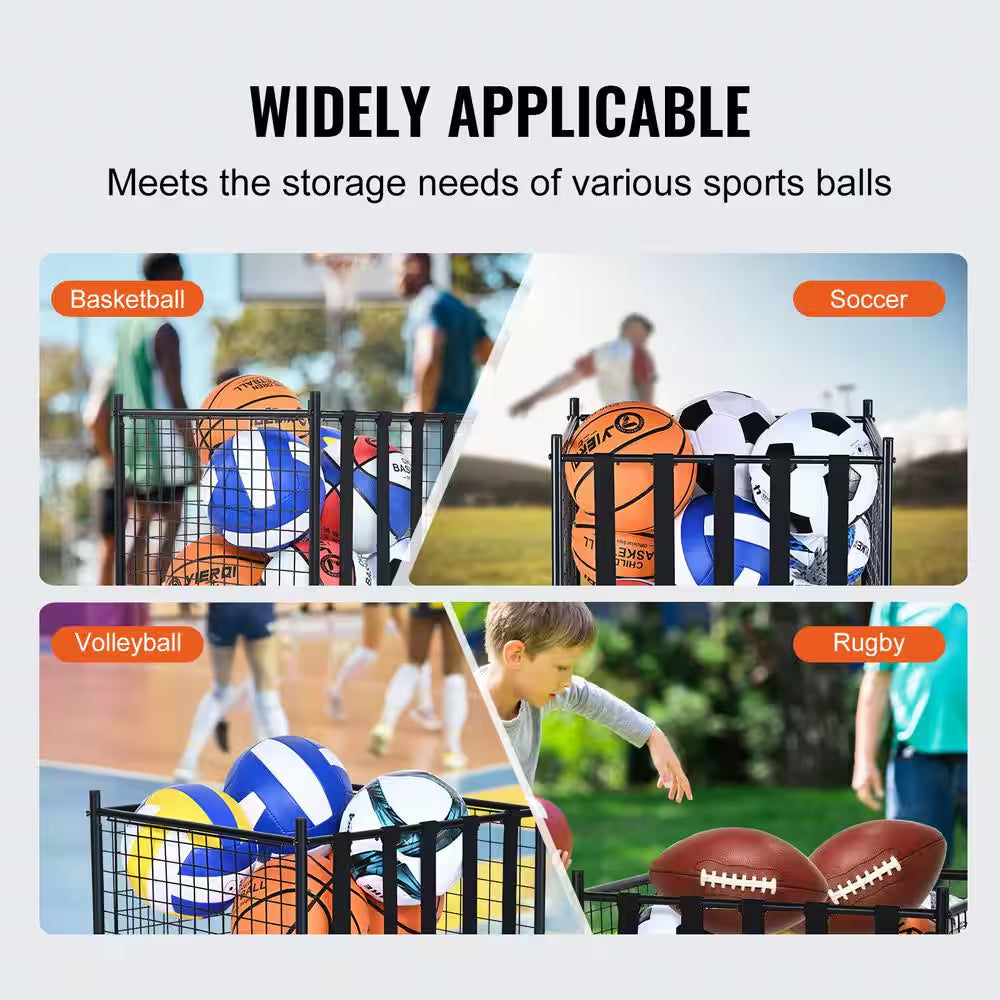 Rolling Sports Ball Storage Cart, 80 Lbs. Sport Equipment Holder Organizer, Lockable Basketball Cage with Elastic Straps