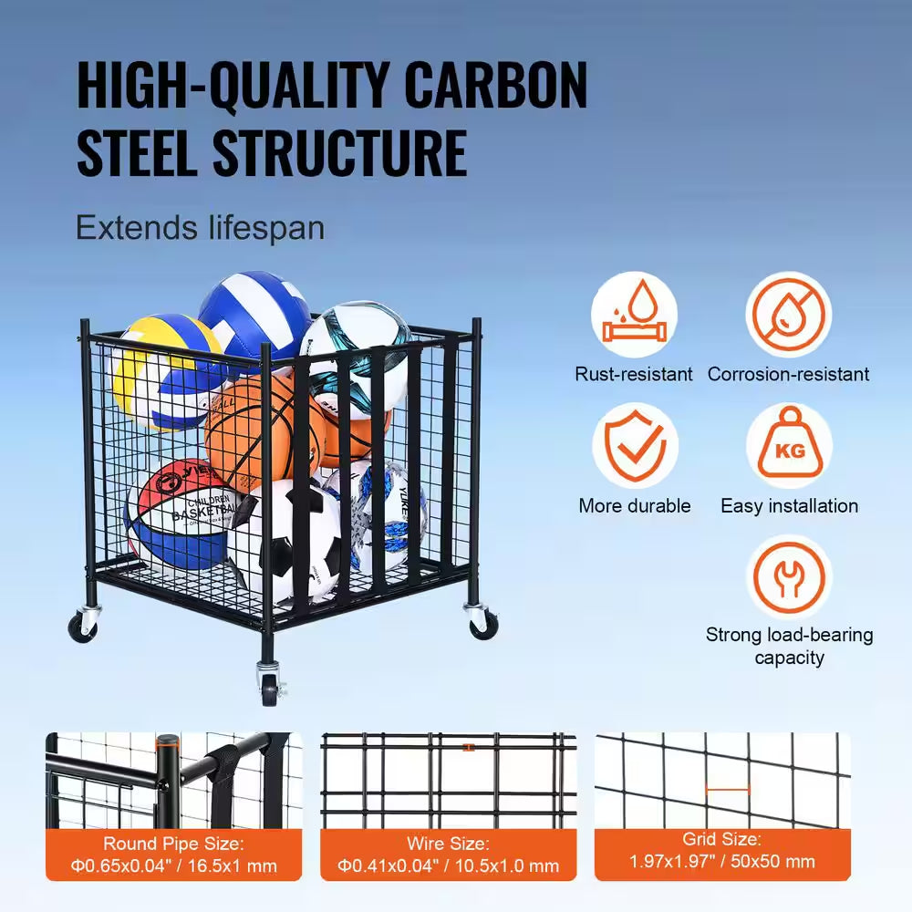 Rolling Sports Ball Storage Cart, 80 Lbs. Sport Equipment Holder Organizer, Lockable Basketball Cage with Elastic Straps