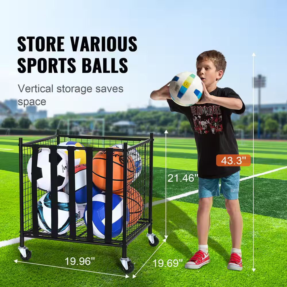 Rolling Sports Ball Storage Cart, 80 Lbs. Sport Equipment Holder Organizer, Lockable Basketball Cage with Elastic Straps