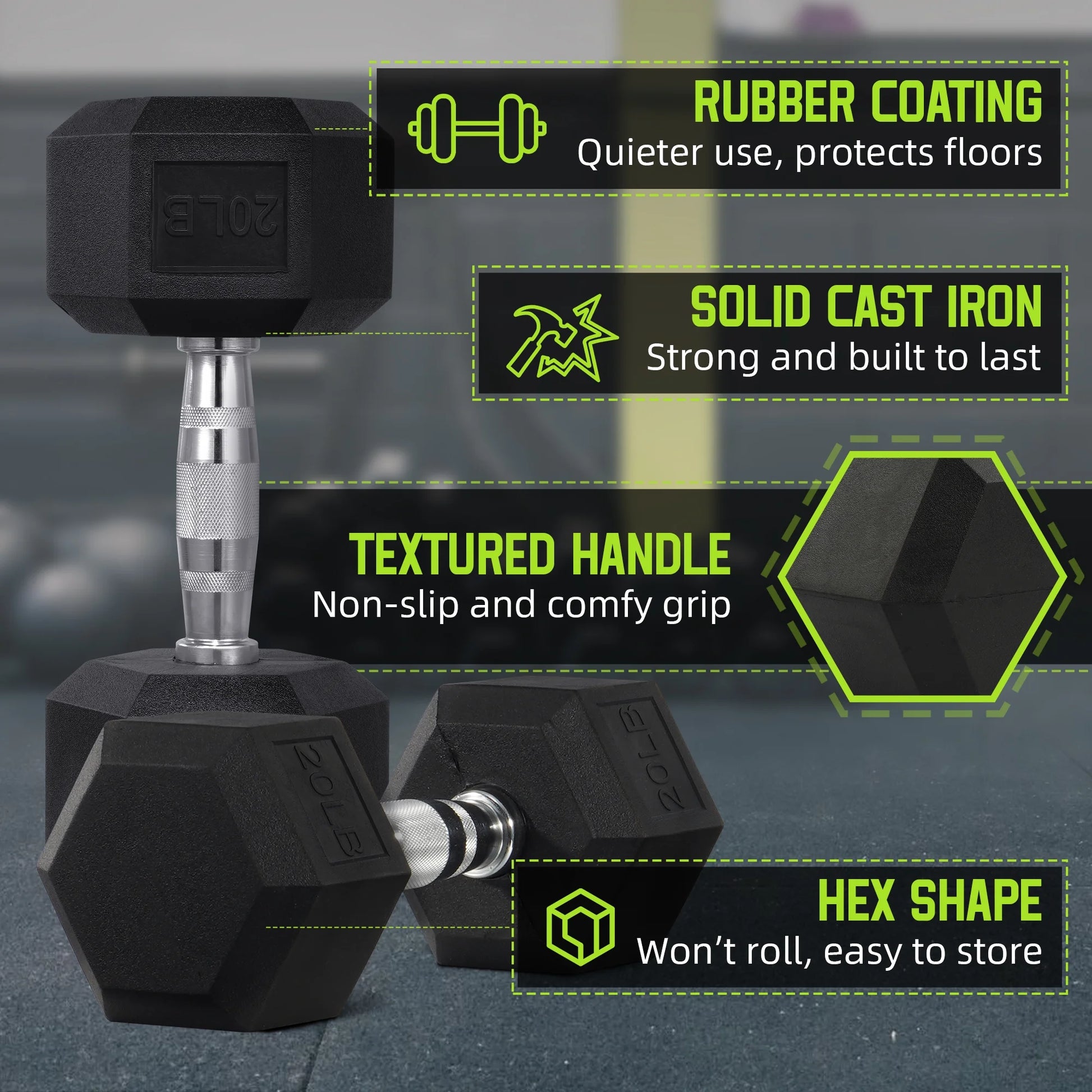 Rubber Encased Hex Dumbbell, 20 Lb, Single, Black