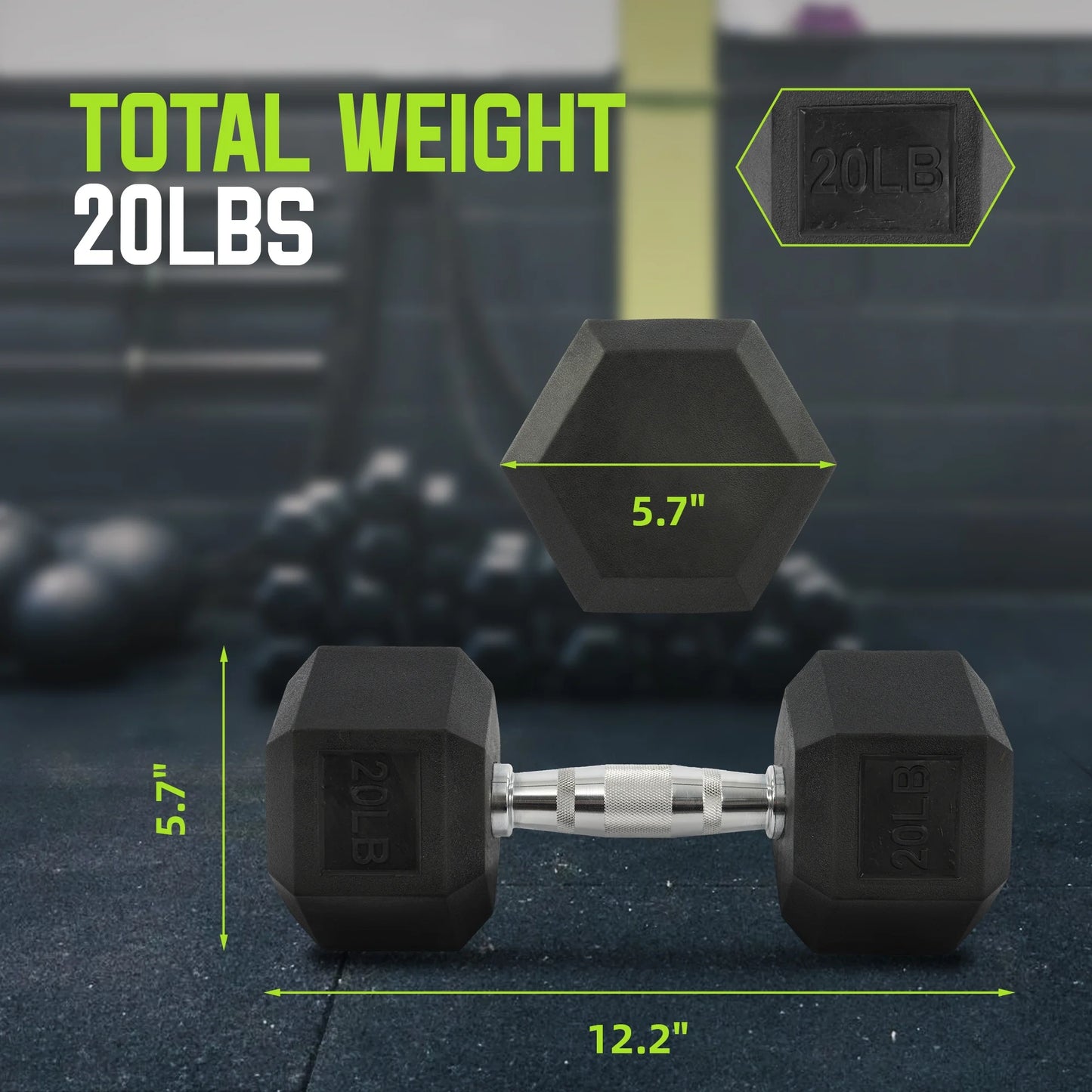 Rubber Encased Hex Dumbbell, 20 Lb, Single, Black