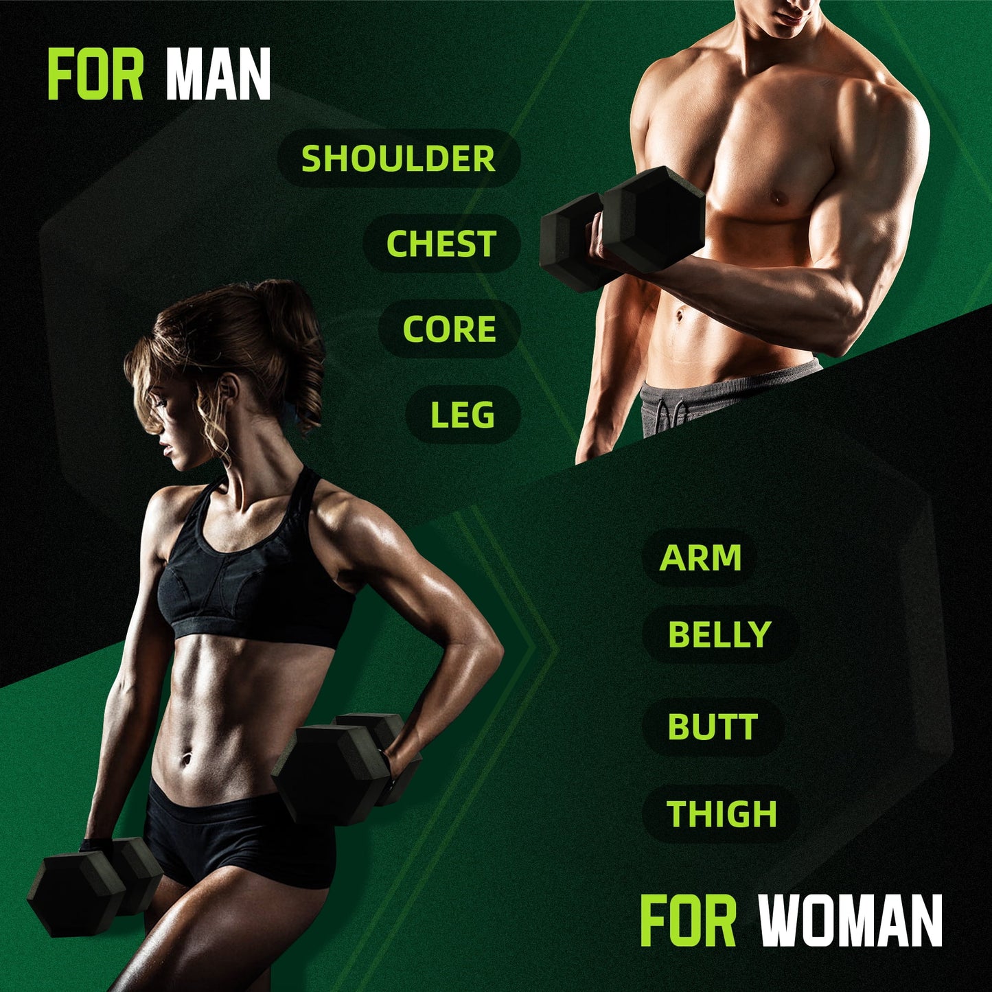 Rubber Encased Hex Dumbbell, 20 Lb, Single, Black