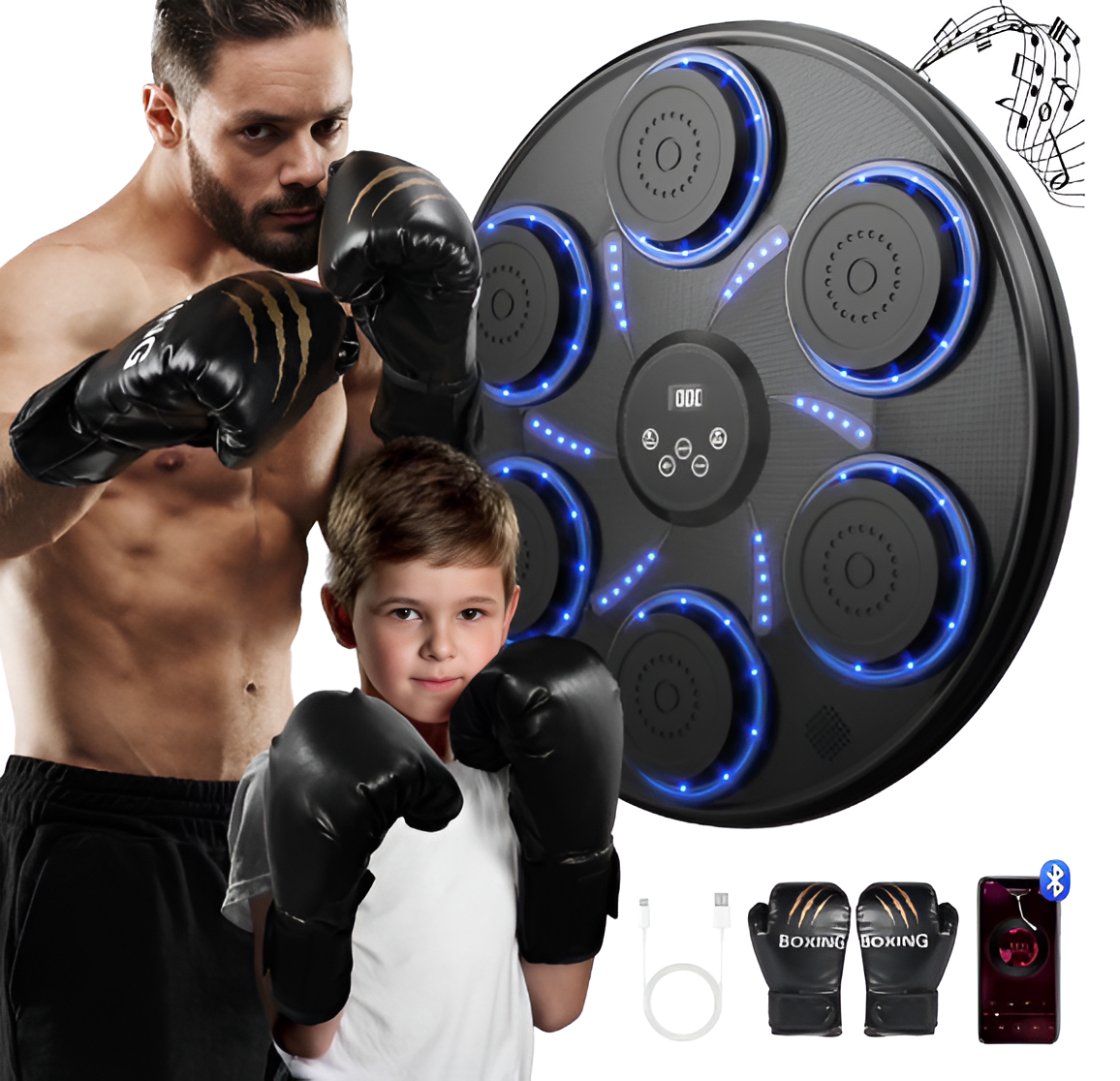 Music Boxing Machine Wall Mounted with Gloves Bluetooth LED Display