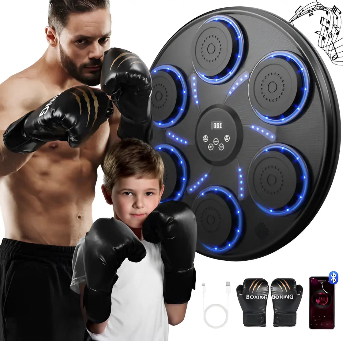 Music Boxing Machine Wall Mounted with Gloves Bluetooth LED Display
