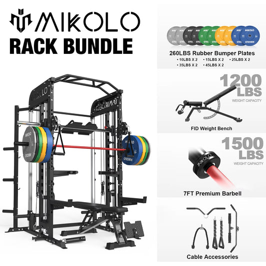 Smith Machine, All-In-One Power Rack Cage with Vertical Leg Press, 2000LBS Power Cage Squat Rack with Smith Bar, Dual Pulley Cable Crossover System for Home Gym