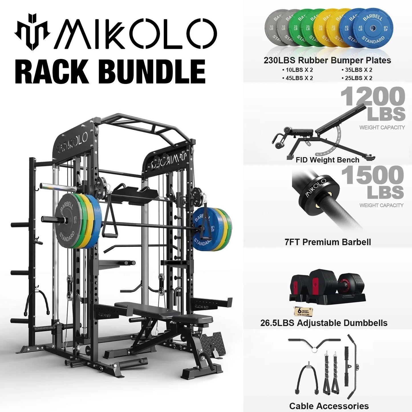 Smith Machine, All-In-One Power Rack Cage with Vertical Leg Press, 2000LBS Power Cage Squat Rack with Smith Bar, Dual Pulley Cable Crossover System for Home Gym