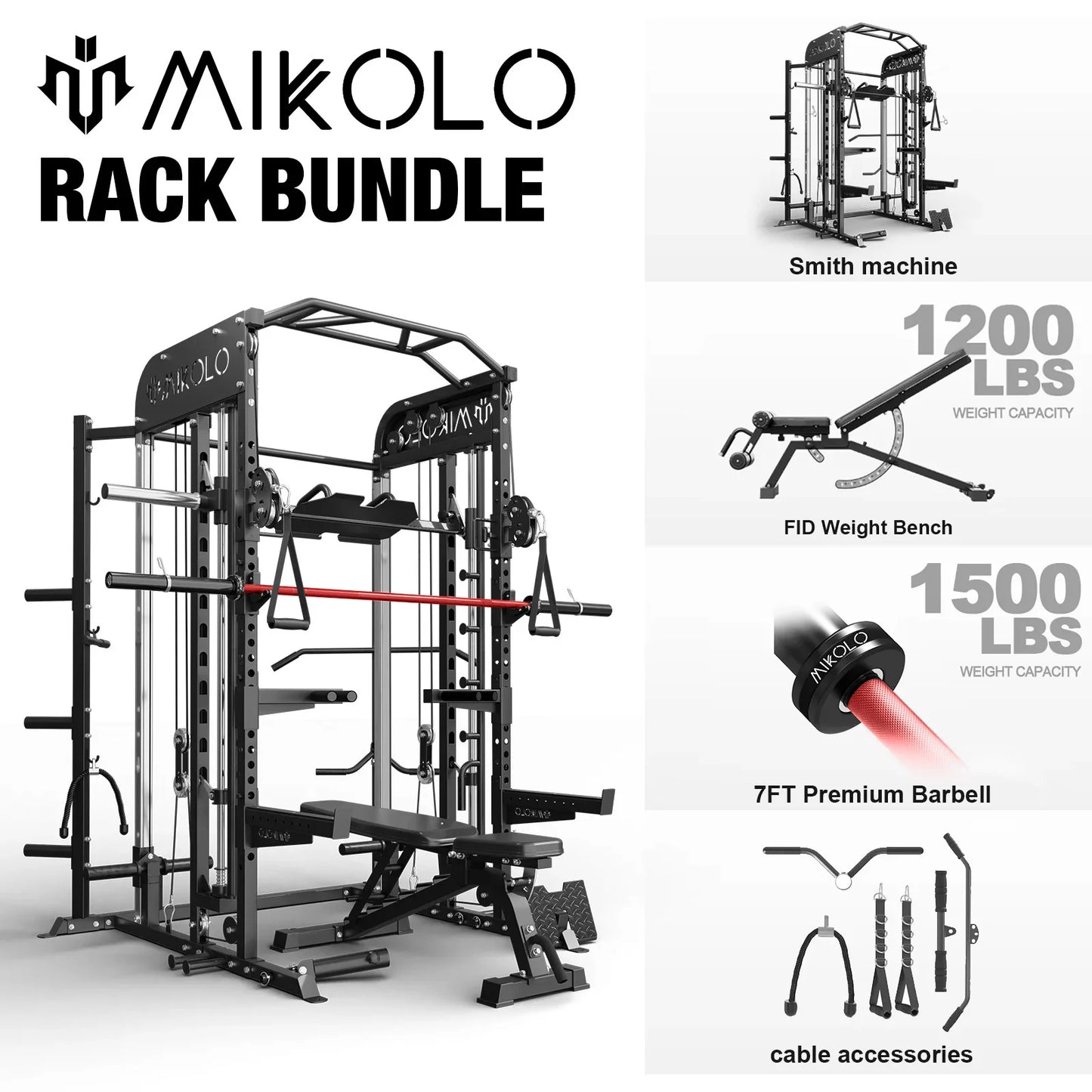 Smith Machine, All-In-One Power Rack Cage with Vertical Leg Press, 2000LBS Power Cage Squat Rack with Smith Bar, Dual Pulley Cable Crossover System for Home Gym