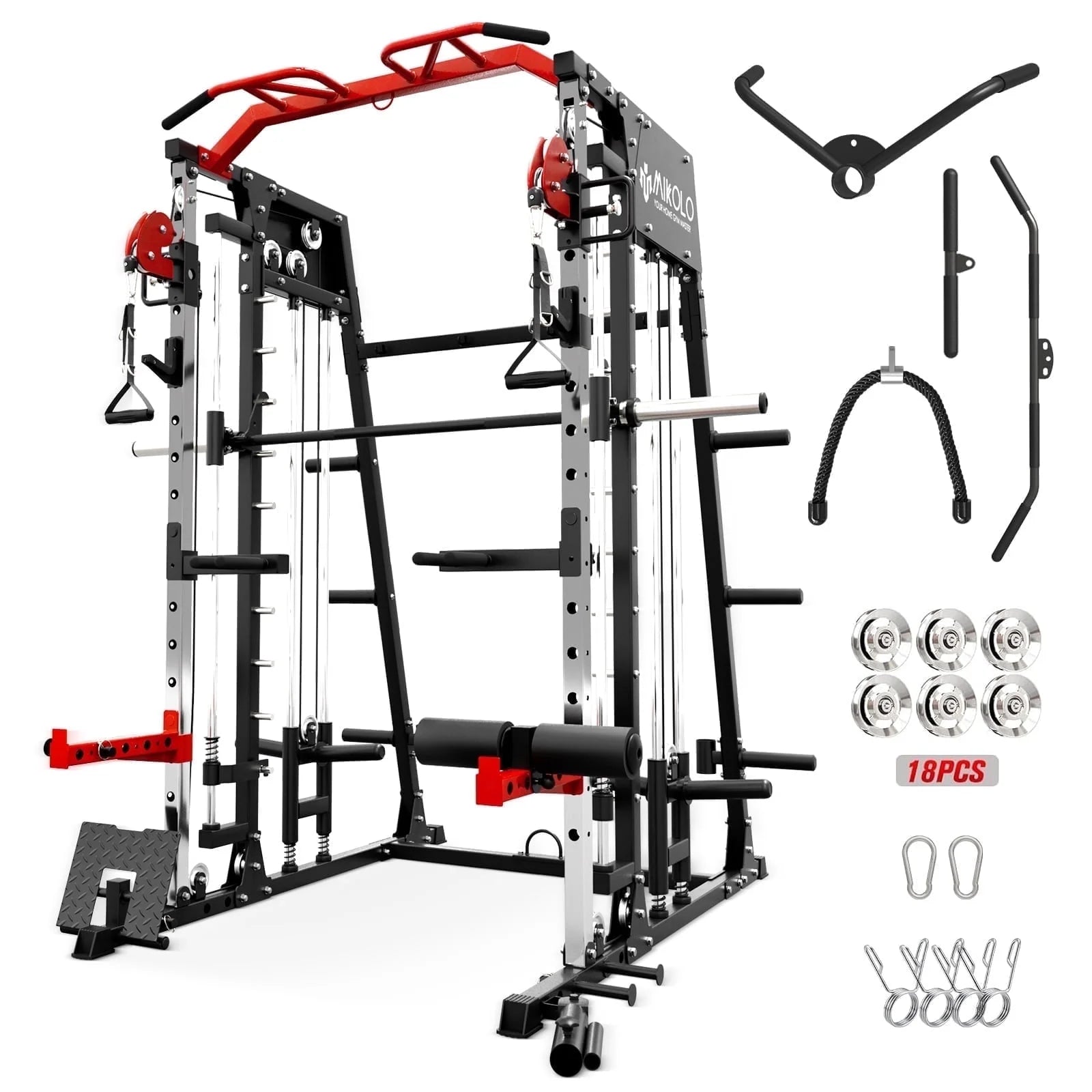 Smith Machine Home Gym, 2200 Lbs Power Rack Cage with Cable Crossover, Weight Bar, 360° Landmine, Barbell Holders and Other Attachments, Total Body Strength Training Cage
