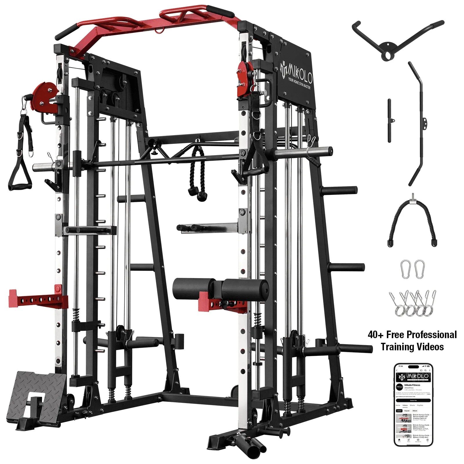 Smith Machine Home Gym, 2200 Lbs Power Rack Cage with Cable Crossover, Weight Bar, 360° Landmine, Barbell Holders and Other Attachments, Total Body Strength Training Cage