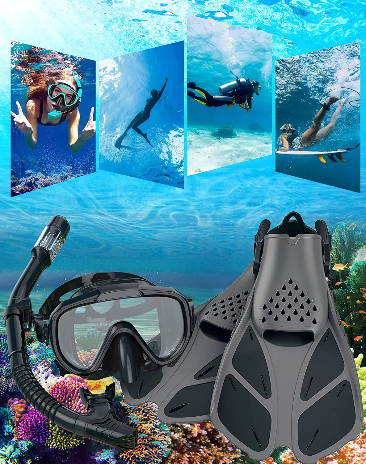 Snorkel Set for Adult,4 in 1 Snorkel Set with Panoramic View,Snorkeling Gear for Adults,Snorkeling and Travel Bag for Swimming BK-S
