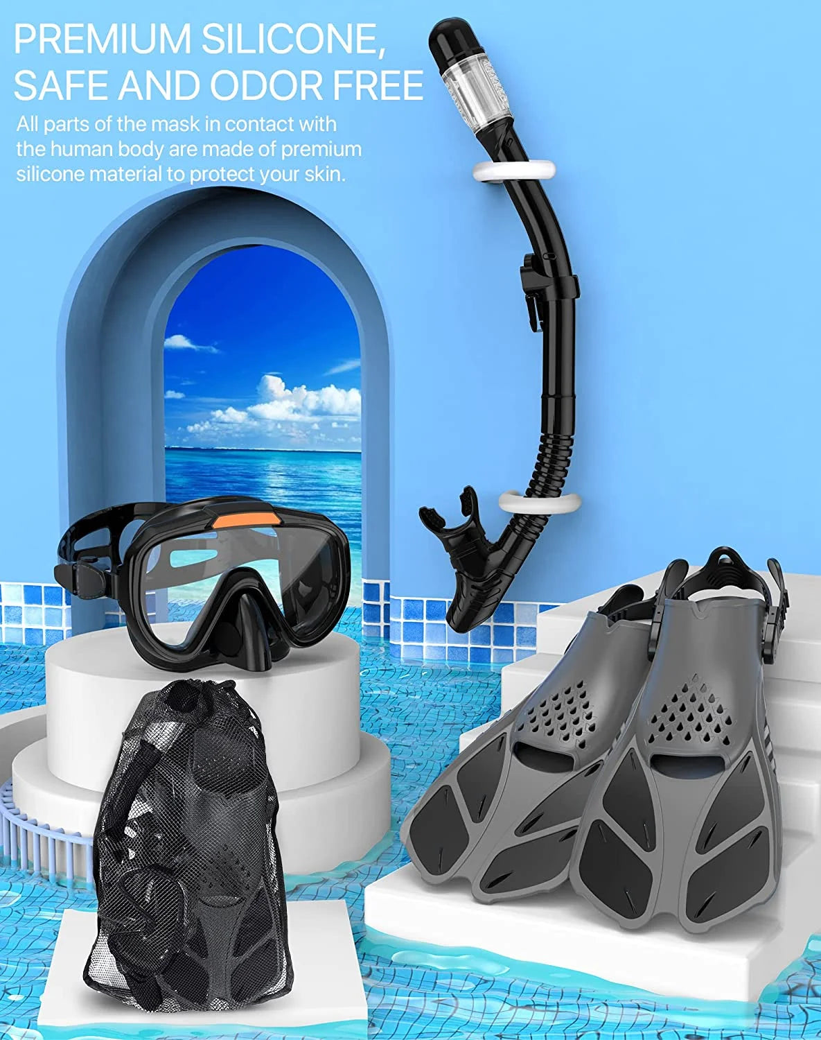 Snorkel Set for Adult,4 in 1 Snorkel Set with Panoramic View,Snorkeling Gear for Adults,Snorkeling and Travel Bag for Swimming BK-S