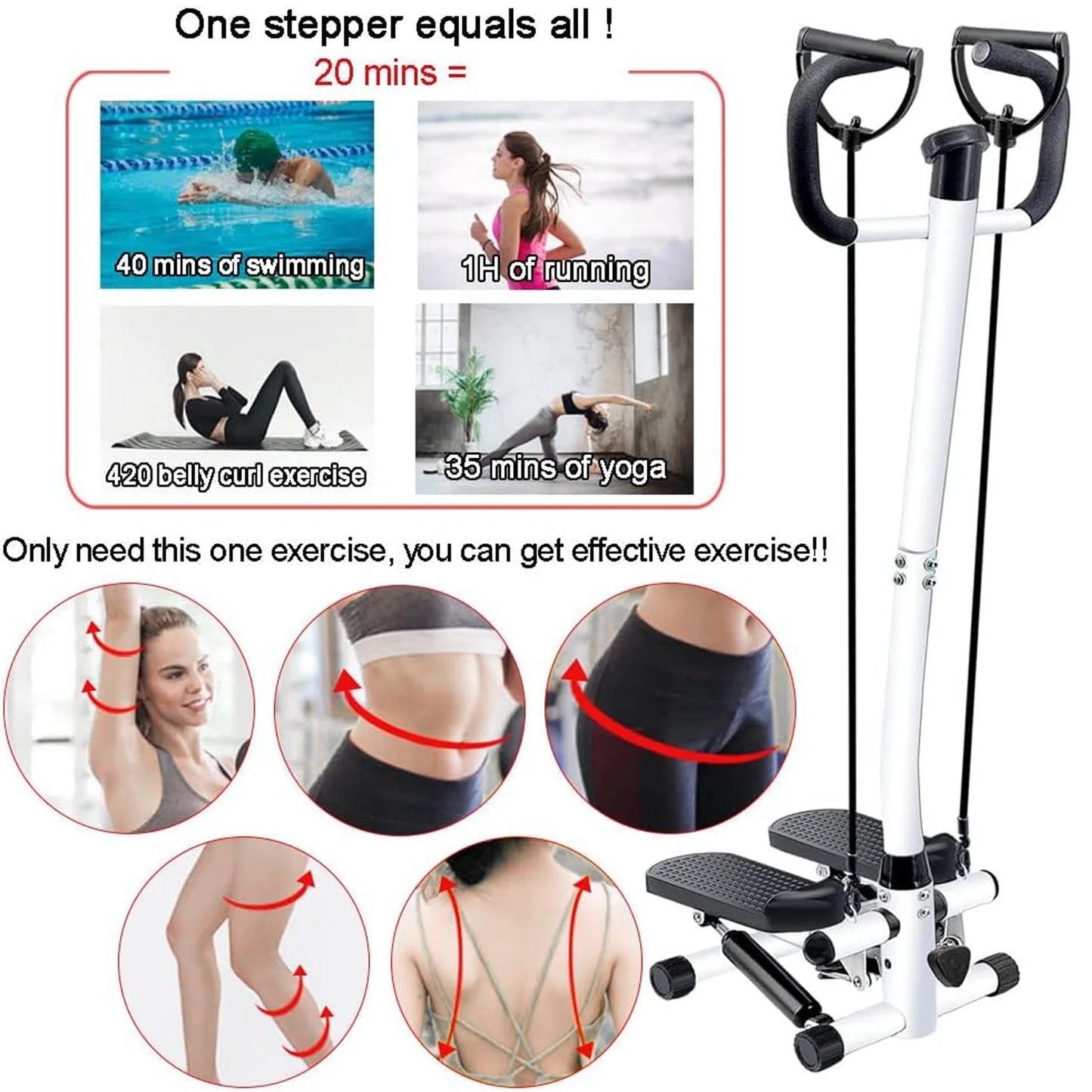 Steppers for Exercise, Mini Stair Stepper with Resistance Bands and Handlebar, 2 Ways to Use, Stair Climber Fitness Exercise Equipment for Full Body Training, 220 Lbs Weight Capacity