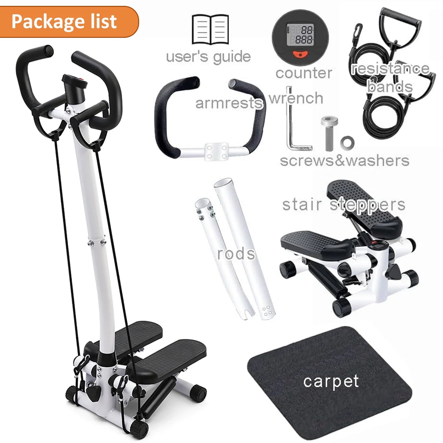 Steppers for Exercise, Mini Stair Stepper with Resistance Bands and Handlebar, 2 Ways to Use, Stair Climber Fitness Exercise Equipment for Full Body Training, 220 Lbs Weight Capacity