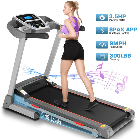 Treadmill with 15-Level Auto Incline, 300LBS Electric Treadmill for Home Gym Cardio Training, 3.25HP Running Machine Home Exercise, Smart APP & Audio Speakers, Led，0-9Mph/H