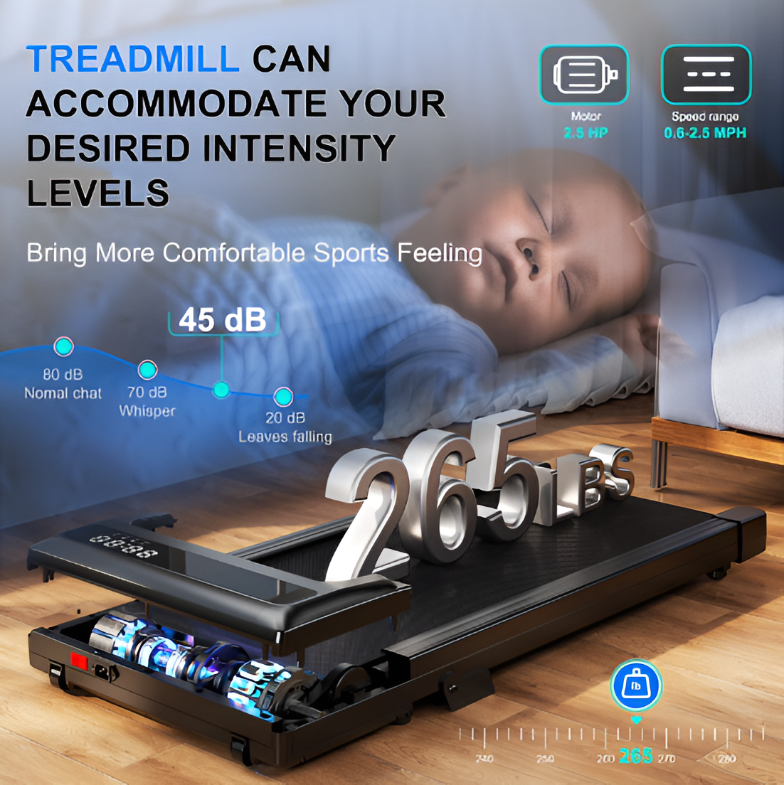 Under Desk Walking Treadmill  300 lb Capacity  LED Display  3 Colors