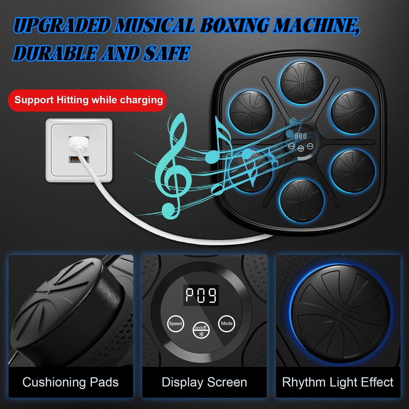 Upgraded Adult Smart Music Boxing Machine, Boxing Music Fitness Machine with Smart Display and Boxing Gloves, Smart Boxing Machine Wall-Mounted Music for Home and Gym (Black)