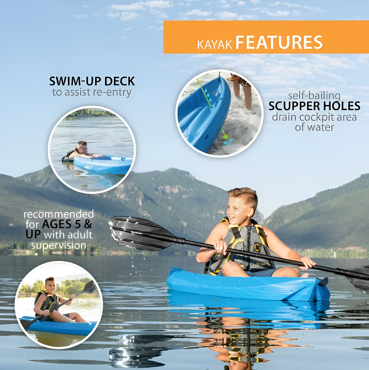 Wave 6 ft Youth Kayak with Paddle - Kids Ages 5+ (130 lb Capacity)