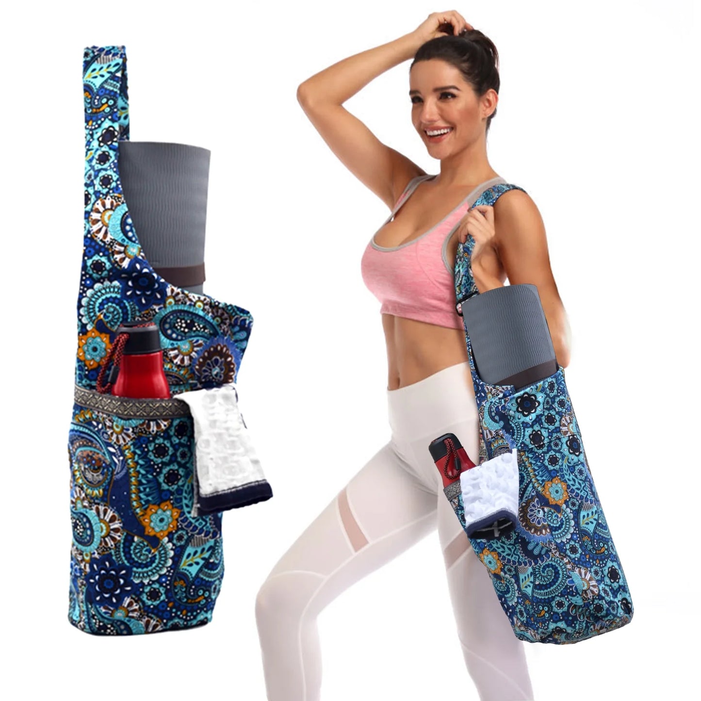 Yoga Mat Bag Adjustable Shoulder Strap with Large Size Pocket and Zipper Pocket,Yoga Mat Carrier with Fixed Buckle Fits Most Size Mats
