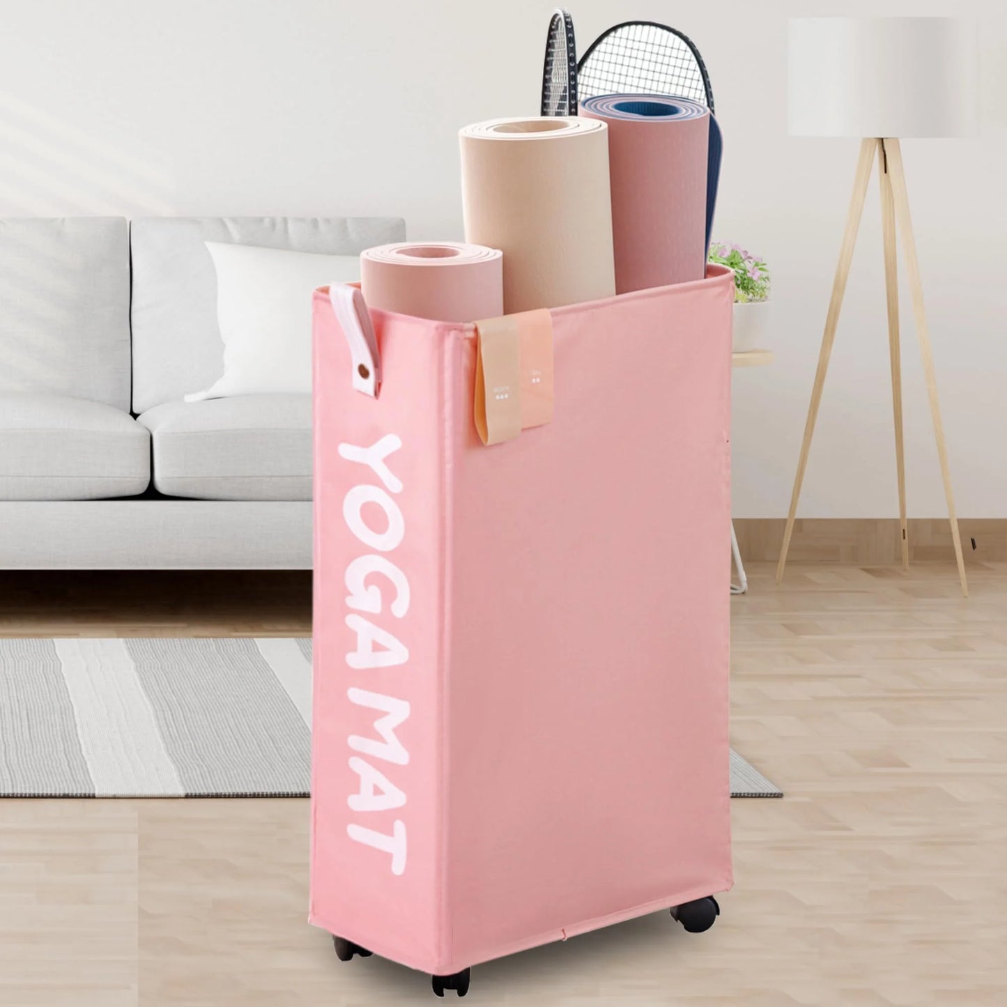 Yoga Mat Storage Rack, 22’’ Large Yoga Mat Holder Accessories, Home Gym Equipment Storage Yoga Mats, Workout Equipment Organization with Wheels, White