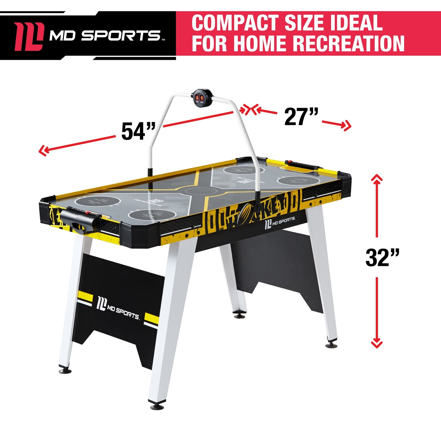 MD Sports Air Hockey Game Table, Overhead Electronic Scorer, Black/Yellow, 54" X 27" X 32"