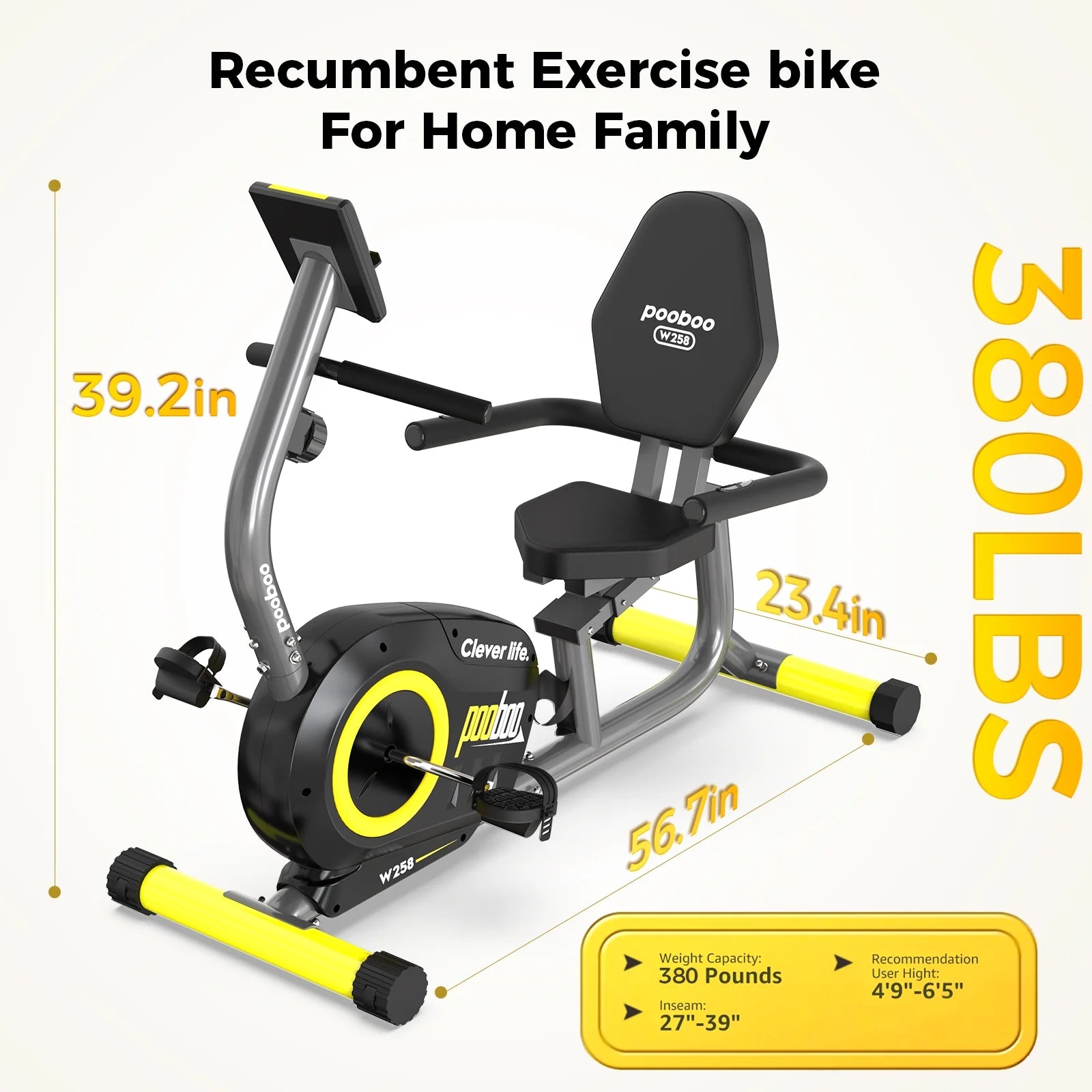 Recumbent Exercise Bikes Sit down Stationary Bicycle Magnetic Resistance Indoor Cycling Bike 380Lb Yellow