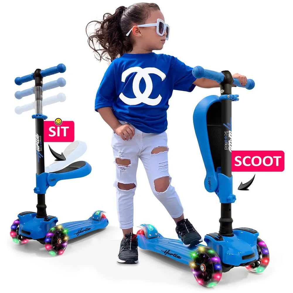 HURFS56.5 - Scoot Kid 3-Wheel Kids Scooter - Child & Toddler Toy Scooter with Built-In LED Wheel Lights, Fold-Out Comfort Seat (Ages 1+)