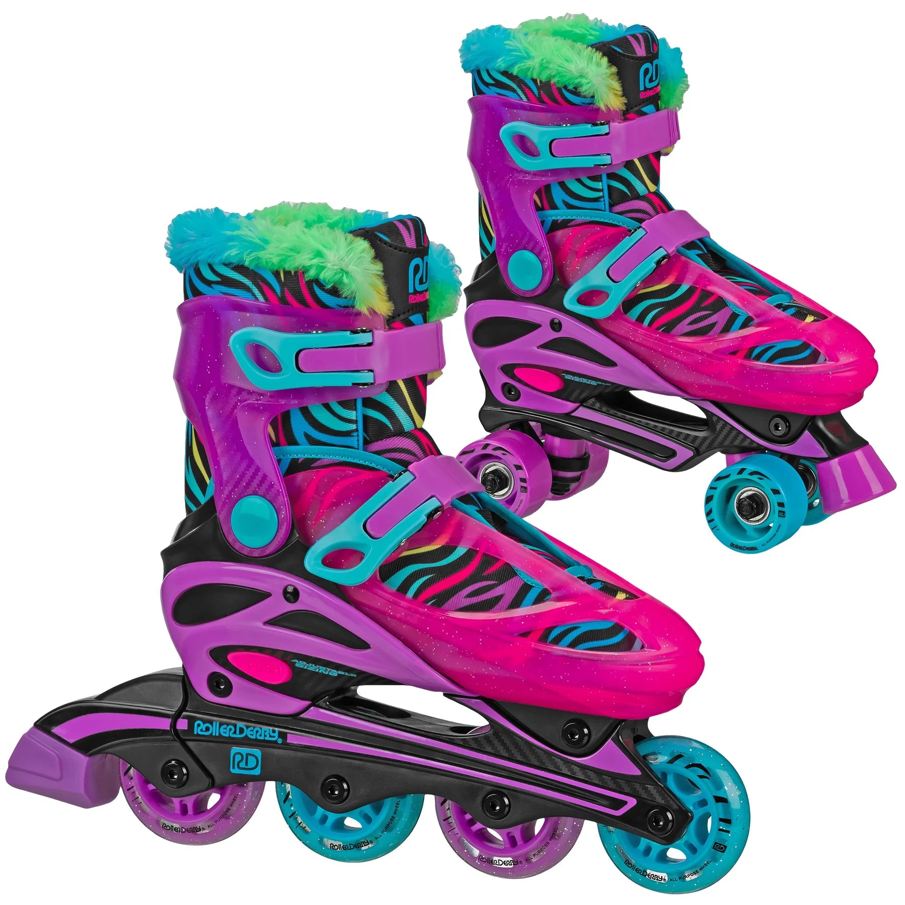 Sprinter Girl'S Youth 2-In-1 Quad Roller and Inline Skates Combo, Neon Zebra (Size 3-6)