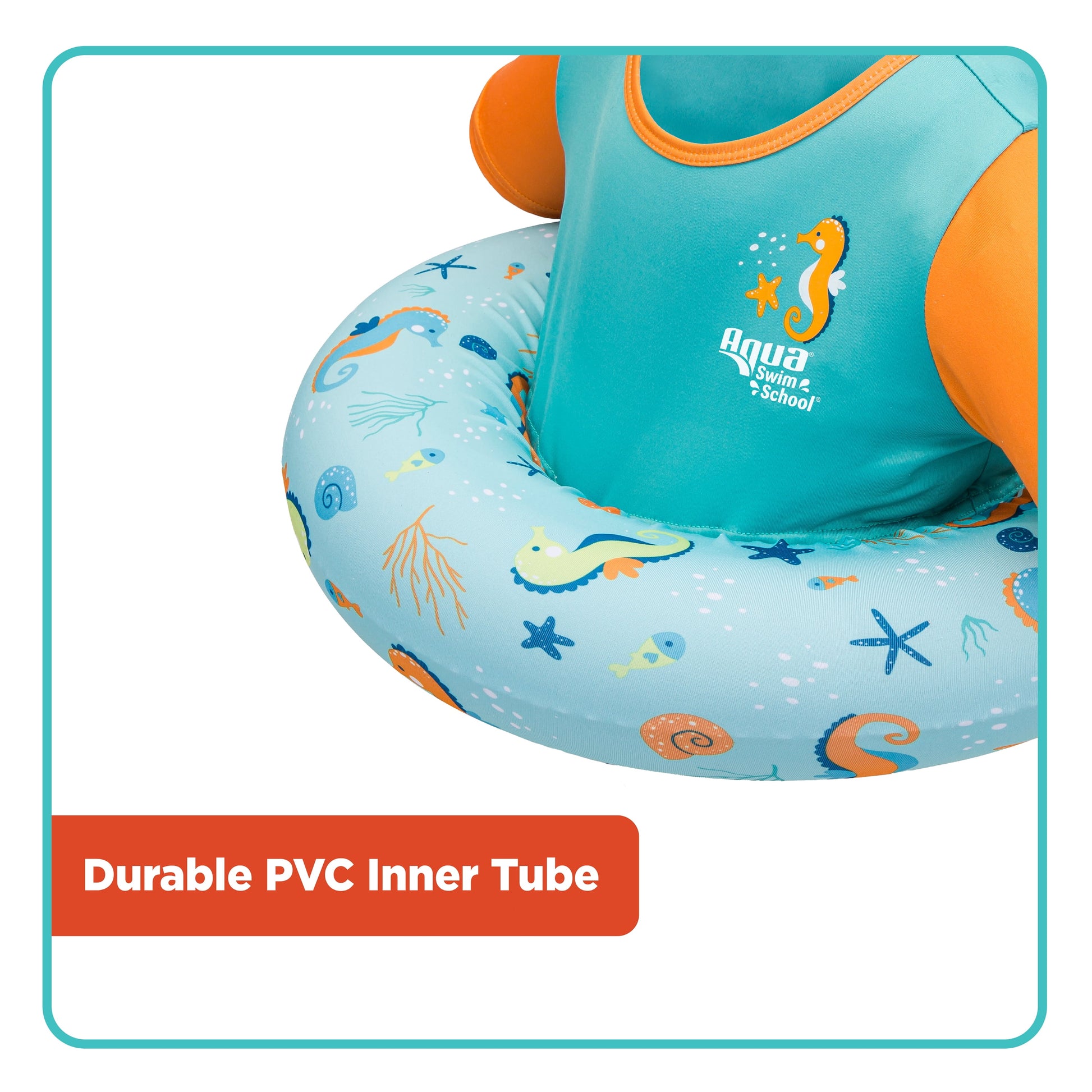 Swim School Inflatable Tot Trainer Pool Float, Adjustable Strap, Orange and Teal Sea Friends, Ages 2-4