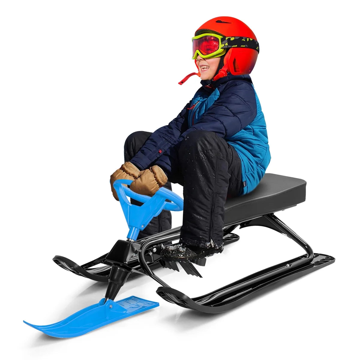 Metal Snow Racer Sled W/Steering Wheel and Brakes Kids Snow Sand Grass Sliding Black & Blue