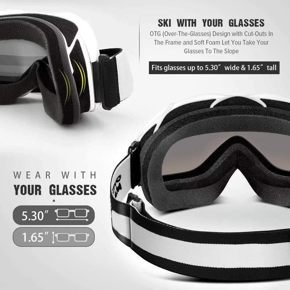 Ski Goggles OTG - over Glasses Ski/Snowboard Goggles for Men, Women & Youth - 100% UV Protection