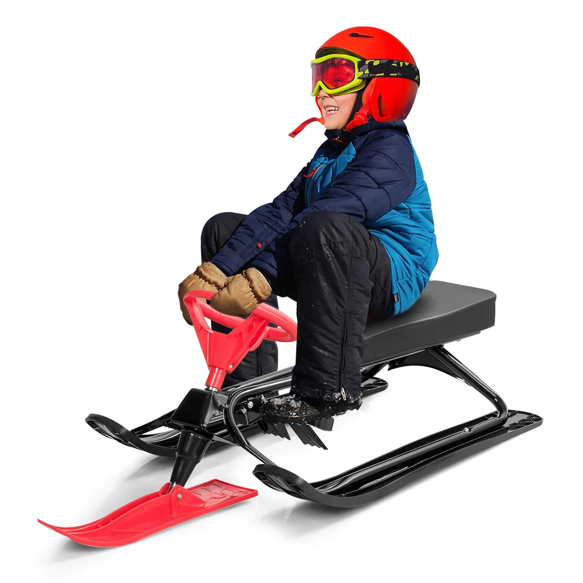 Metal Snow Racer Sled W/Steering Wheel and Brakes Kids Snow Sand Grass Sliding Black & Red