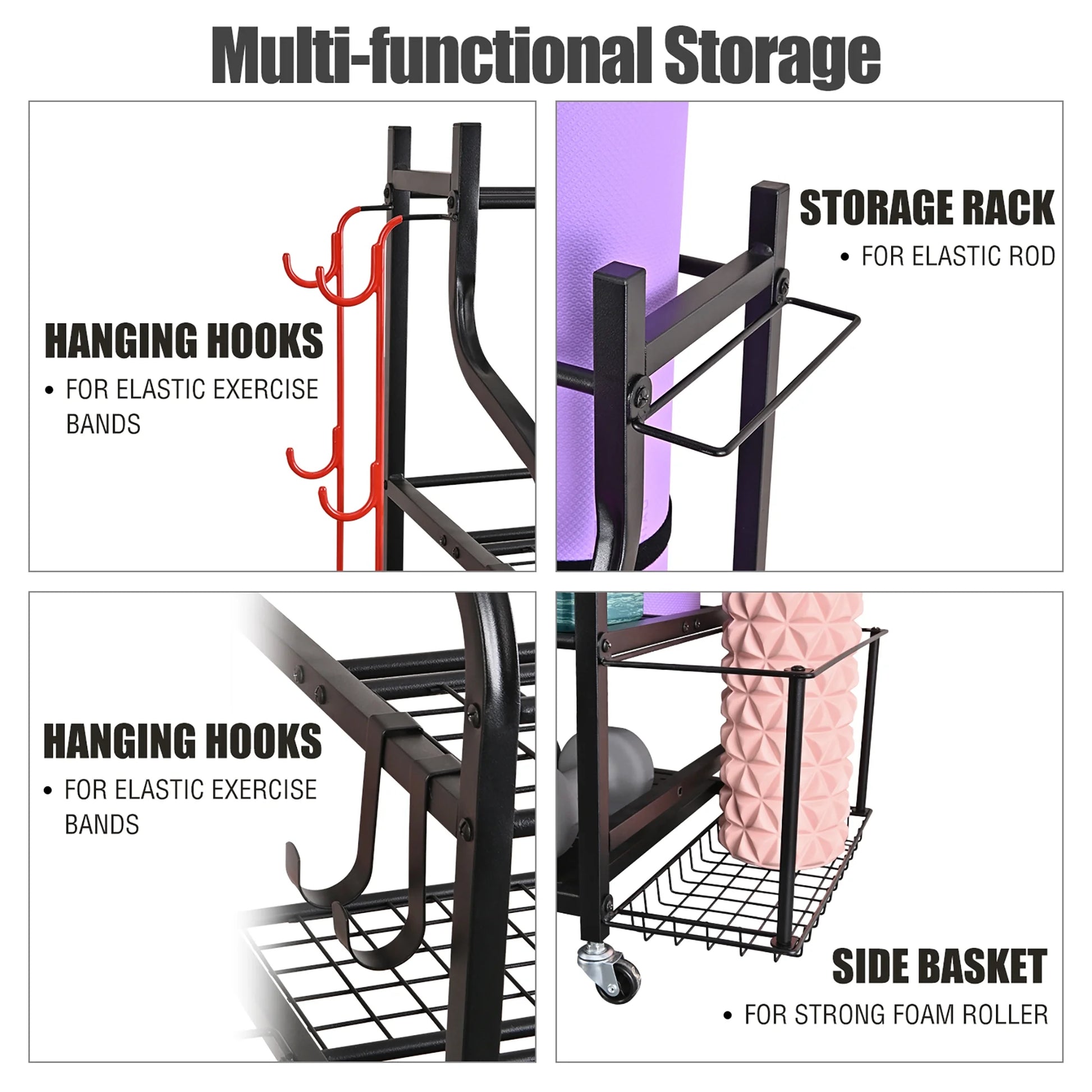 Yoga Mat Storage Racks,Home Gym Storage Rack for Dumbbells Kettlebells Foam Roller, Yoga Strap and Resistance Bands, Workout Equipment Storage Organizer with Hooks and Wheels