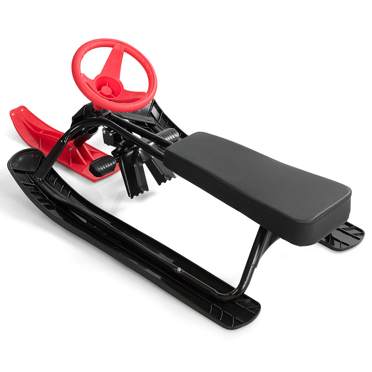 Metal Snow Racer Sled W/Steering Wheel and Brakes Kids Snow Sand Grass Sliding Black & Red