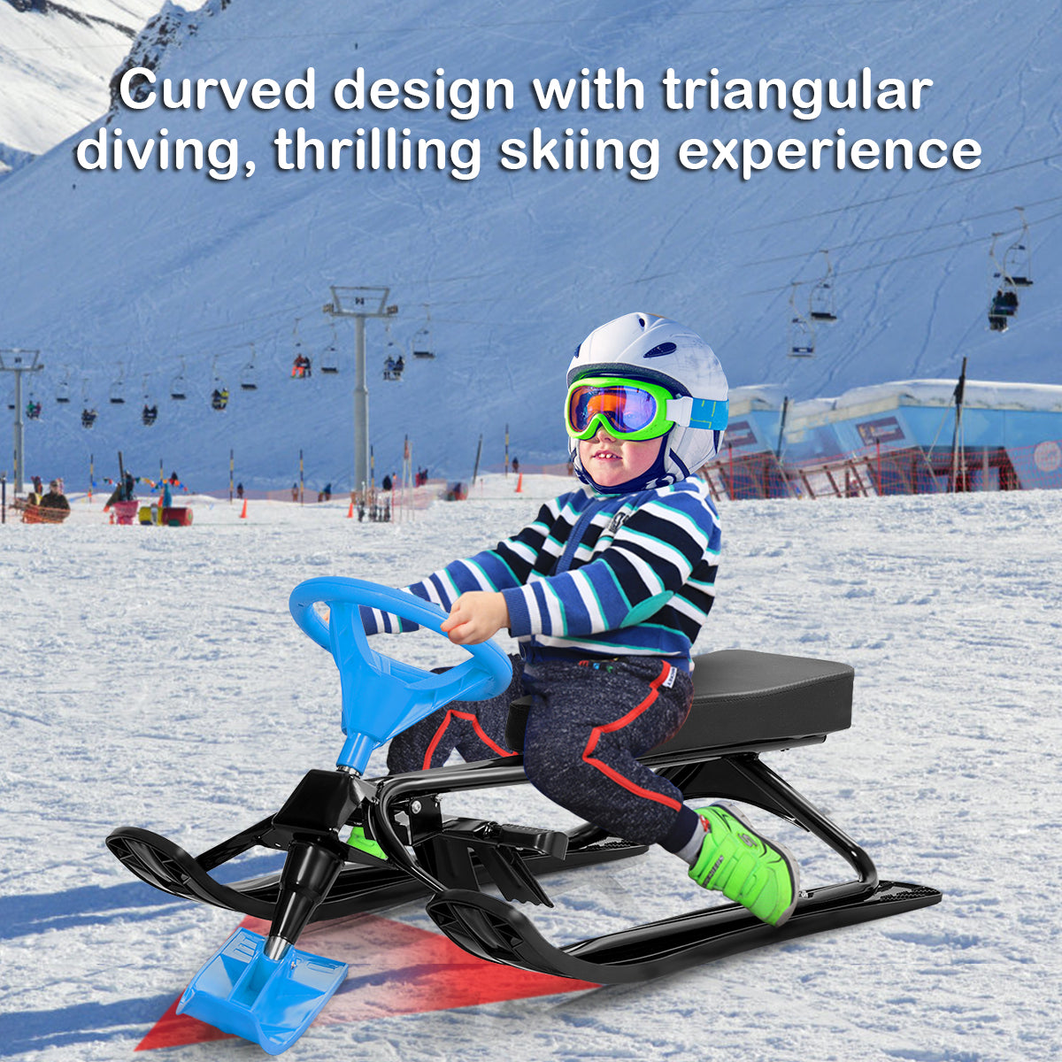 Metal Snow Racer Sled W/Steering Wheel and Brakes Kids Snow Sand Grass Sliding Black & Blue