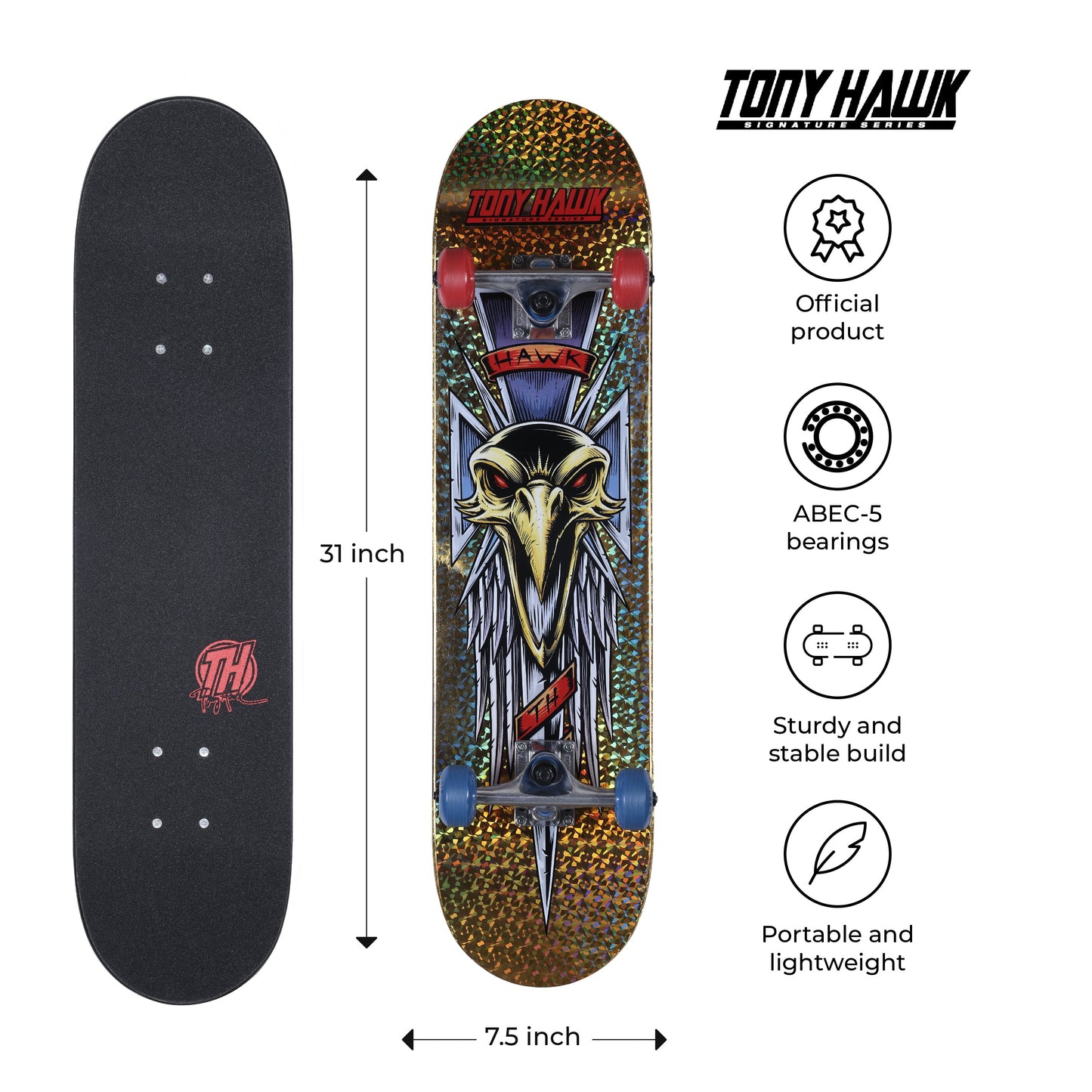 31” Metallic Gold Hawk Dagger Popsicle Complete Skateboard, 50Mm X 30Mm Wheels, for Kids Ages 5+