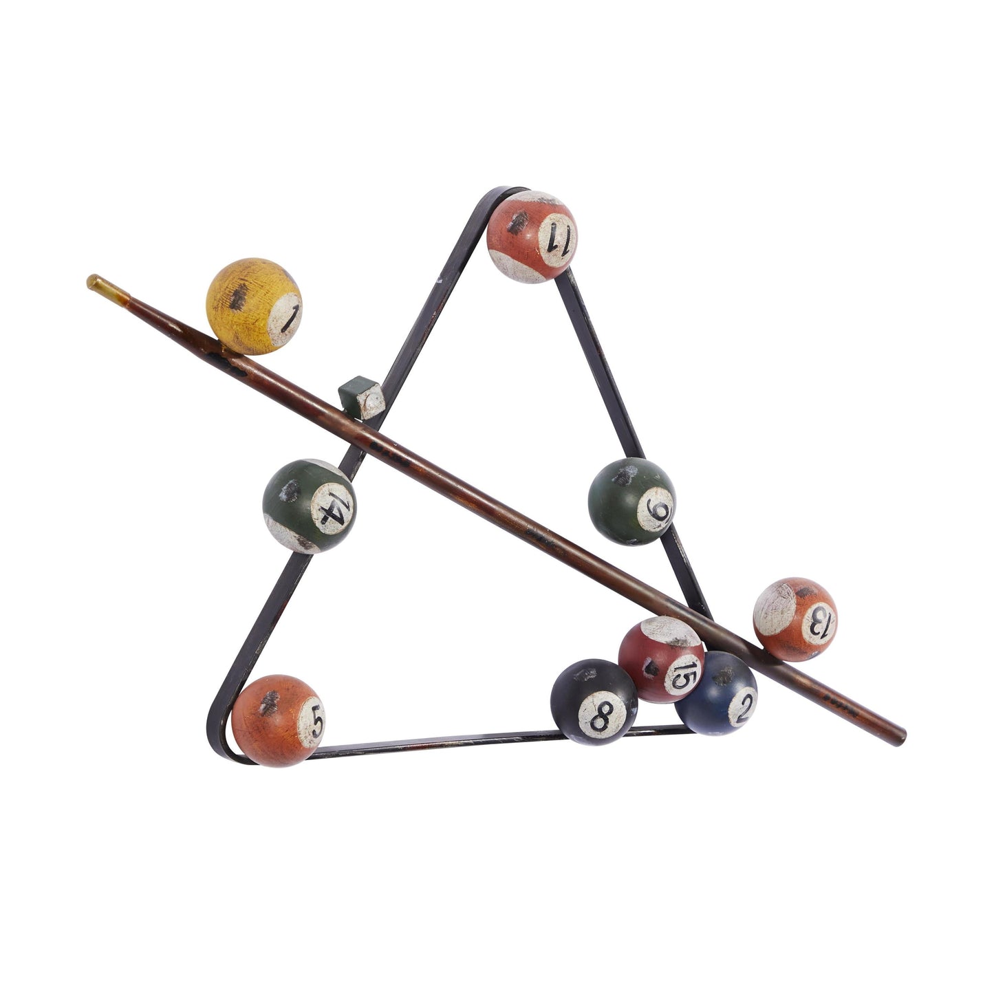 Eclectic Metal Multi Colored Billiard Set with Billiard Balls, Triangle Rack and Cue Stick Wall Décor, 30"W X 15"H